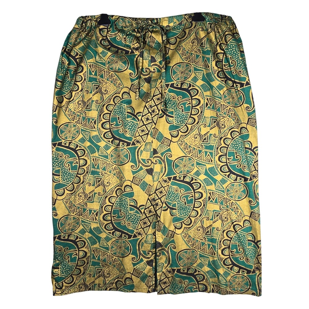 VTG The African Village Maxi Skirt Womens OSFM Green Gold Tribal Cotton Casual